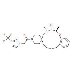 ChemSpider 2D Image | (2R)-2,4-Dimethyl-1'-{[3-(trifluoromethyl)-1H-pyrazol-1-yl]acetyl}-4,5,7,8,9,10-hexahydrospiro[1,4-benzoxazacyclododecine-6,4'-piperidin]-3(2H)-one | C26H33F3N4O3