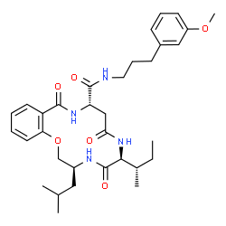 ChemSpider 2D Image | (3S,6S,10S)-6-[(2S)-2-Butanyl]-3-isobutyl-N-[3-(3-methoxyphenyl)propyl]-5,8,12-trioxo-3,4,5,6,7,8,9,10,11,12-decahydro-2H-1,4,7,11-benzoxatriazacyclotetradecine-10-carboxamide | C33H46N4O6