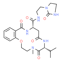 ChemSpider 2D Image | (6R,10S)-6-Isopropyl-4-methyl-5,8,12-trioxo-N-[2-(2-oxo-1-imidazolidinyl)ethyl]-3,4,5,6,7,8,9,10,11,12-decahydro-2H-1,4,7,11-benzoxatriazacyclotetradecine-10-carboxamide | C24H34N6O6