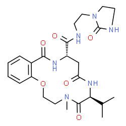ChemSpider 2D Image | (6S,10S)-6-Isopropyl-4-methyl-5,8,12-trioxo-N-[2-(2-oxo-1-imidazolidinyl)ethyl]-3,4,5,6,7,8,9,10,11,12-decahydro-2H-1,4,7,11-benzoxatriazacyclotetradecine-10-carboxamide | C24H34N6O6