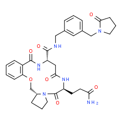 ChemSpider 2D Image | (6S,10S,18aR)-6-(3-Amino-3-oxopropyl)-5,8,12-trioxo-N-{3-[(2-oxo-1-pyrrolidinyl)methyl]benzyl}-2,3,5,6,7,8,9,10,11,12,18,18a-dodecahydro-1H-pyrrolo[2,1-c][1,4,7,11]benzoxatriazacyclotetradecine-10-car
boxamide | C33H40N6O7