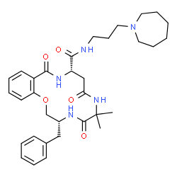 ChemSpider 2D Image | (3R,10S)-N-[3-(1-Azepanyl)propyl]-3-benzyl-6,6-dimethyl-5,8,12-trioxo-3,4,5,6,7,8,9,10,11,12-decahydro-2H-1,4,7,11-benzoxatriazacyclotetradecine-10-carboxamide | C33H45N5O5