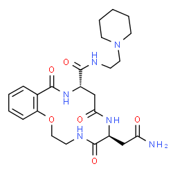 ChemSpider 2D Image | (6S,10S)-6-(2-Amino-2-oxoethyl)-5,8,12-trioxo-N-[2-(1-piperidinyl)ethyl]-3,4,5,6,7,8,9,10,11,12-decahydro-2H-1,4,7,11-benzoxatriazacyclotetradecine-10-carboxamide | C24H34N6O6