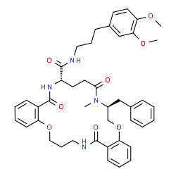 ChemSpider 2D Image | (7S,12S)-7-Benzyl-N-[3-(3,4-dimethoxyphenyl)propyl]-8-methyl-9,14,24-trioxo-7,8,9,10,11,12,13,14,21,22,23,24-dodecahydro-6H,20H-dibenzo[k,s][1,13,4,9,17]dioxatriazacycloicosine-12-carboxamide | C43H50N4O8