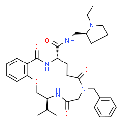 ChemSpider 2D Image | (3S,11S)-7-Benzyl-N-{[(2S)-1-ethyl-2-pyrrolidinyl]methyl}-3-isopropyl-5,8,13-trioxo-2,3,4,5,6,7,8,9,10,11,12,13-dodecahydro-1,4,7,12-benzoxatriazacyclopentadecine-11-carboxamide | C33H45N5O5