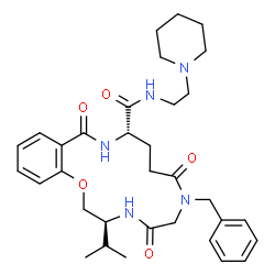 ChemSpider 2D Image | (3S,11S)-7-Benzyl-3-isopropyl-5,8,13-trioxo-N-[2-(1-piperidinyl)ethyl]-2,3,4,5,6,7,8,9,10,11,12,13-dodecahydro-1,4,7,12-benzoxatriazacyclopentadecine-11-carboxamide | C33H45N5O5
