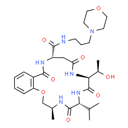 ChemSpider 2D Image | (3S,6R,9S,13S)-9-[(1R)-1-Hydroxyethyl]-6-isopropyl-3-methyl-N-[3-(4-morpholinyl)propyl]-5,8,11,15-tetraoxo-2,3,4,5,6,7,8,9,10,11,12,13,14,15-tetradecahydro-1,4,7,10,14-benzoxatetraazacycloheptadecine-
13-carboxamide | C30H46N6O8