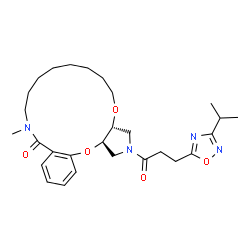 ChemSpider 2D Image | (3aR,19aR)-2-[3-(3-Isopropyl-1,2,4-oxadiazol-5-yl)propanoyl]-10-methyl-2,3,3a,11,12,13,14,15,16,17,18,19a-dodecahydro-1H-pyrrolo[3,4-b][1,4,13]benzodioxazacyclohexadecin-9(10H)-one | C28H40N4O5