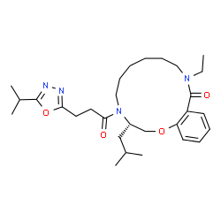 ChemSpider 2D Image | (3S)-11-Ethyl-3-isobutyl-4-[3-(5-isopropyl-1,3,4-oxadiazol-2-yl)propanoyl]-2,3,4,5,6,7,8,9,10,11-decahydro-12H-1,4,11-benzoxadiazacyclotetradecin-12-one | C29H44N4O4