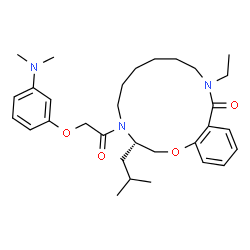 ChemSpider 2D Image | (3S)-4-{[3-(Dimethylamino)phenoxy]acetyl}-11-ethyl-3-isobutyl-2,3,4,5,6,7,8,9,10,11-decahydro-12H-1,4,11-benzoxadiazacyclotetradecin-12-one | C31H45N3O4