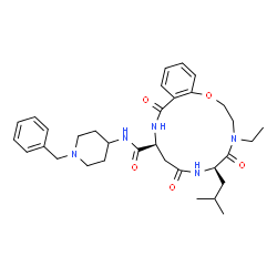 ChemSpider 2D Image | (6R,10S)-N-(1-Benzyl-4-piperidinyl)-4-ethyl-6-isobutyl-5,8,12-trioxo-3,4,5,6,7,8,9,10,11,12-decahydro-2H-1,4,7,11-benzoxatriazacyclotetradecine-10-carboxamide | C33H45N5O5