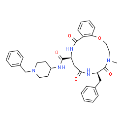 ChemSpider 2D Image | (6R,10S)-6-Benzyl-N-(1-benzyl-4-piperidinyl)-4-methyl-5,8,12-trioxo-3,4,5,6,7,8,9,10,11,12-decahydro-2H-1,4,7,11-benzoxatriazacyclotetradecine-10-carboxamide | C35H41N5O5