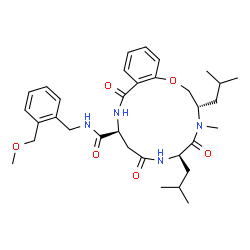 ChemSpider 2D Image | (3S,6R,10S)-3,6-Diisobutyl-N-[2-(methoxymethyl)benzyl]-4-methyl-5,8,12-trioxo-3,4,5,6,7,8,9,10,11,12-decahydro-2H-1,4,7,11-benzoxatriazacyclotetradecine-10-carboxamide | C33H46N4O6