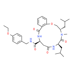 ChemSpider 2D Image | (3S,6R,10S)-N-(4-Ethoxybenzyl)-3,6-diisobutyl-4-methyl-5,8,12-trioxo-3,4,5,6,7,8,9,10,11,12-decahydro-2H-1,4,7,11-benzoxatriazacyclotetradecine-10-carboxamide | C33H46N4O6