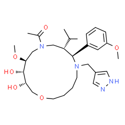 ChemSpider 2D Image | 1-[(7S,8S,12S,13S,14S)-13,14-Dihydroxy-8-isopropyl-12-methoxy-7-(3-methoxyphenyl)-6-(1H-pyrazol-4-ylmethyl)-1-oxa-6,10-diazacyclopentadecan-10-yl]ethanone | C29H46N4O6
