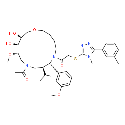 ChemSpider 2D Image | 1-[(7S,8S,12S,13S,14S)-10-Acetyl-13,14-dihydroxy-8-isopropyl-12-methoxy-7-(3-methoxyphenyl)-1-oxa-6,10-diazacyclopentadecan-6-yl]-2-{[4-methyl-5-(3-methylphenyl)-4H-1,2,4-triazol-3-yl]sulfanyl}ethanon
e | C37H53N5O7S