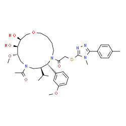ChemSpider 2D Image | 1-[(7S,8S,12S,13S,14S)-10-Acetyl-13,14-dihydroxy-8-isopropyl-12-methoxy-7-(3-methoxyphenyl)-1-oxa-6,10-diazacyclopentadecan-6-yl]-2-{[4-methyl-5-(4-methylphenyl)-4H-1,2,4-triazol-3-yl]sulfanyl}ethanon
e | C37H53N5O7S
