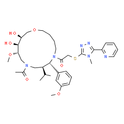 ChemSpider 2D Image | 1-[(7S,8S,12S,13S,14S)-10-Acetyl-13,14-dihydroxy-8-isopropyl-12-methoxy-7-(3-methoxyphenyl)-1-oxa-6,10-diazacyclopentadecan-6-yl]-2-{[4-methyl-5-(2-pyridinyl)-4H-1,2,4-triazol-3-yl]sulfanyl}ethanone | C35H50N6O7S