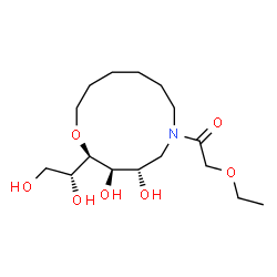 ChemSpider 2D Image | 1-{(2R,3R,4S)-2-[(1R)-1,2-Dihydroxyethyl]-3,4-dihydroxy-1-oxa-6-azacyclododecan-6-yl}-2-ethoxyethanone | C16H31NO7