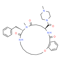 ChemSpider 2D Image | (10S,15S)-10-Benzyl-11-methyl-15-[(4-methyl-1-piperazinyl)carbonyl]-3,4,5,6,7,8,10,11,13,14,15,16-dodecahydro-1,8,11,16-benzoxatriazacyclononadecine-9,12,17(2H)-trione | C33H45N5O5