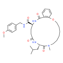 ChemSpider 2D Image | (10S,15S)-10-Isobutyl-N-(4-methoxybenzyl)-8-methyl-9,12,17-trioxo-2,3,4,5,6,7,8,9,10,11,12,13,14,15,16,17-hexadecahydro-1,8,11,16-benzoxatriazacyclononadecine-15-carboxamide | C33H46N4O6