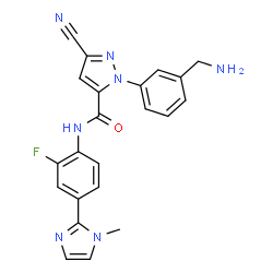 ChemSpider 2D Image | 1-[3-(Aminomethyl)phenyl]-3-cyano-N-[2-fluoro-4-(1-methyl-1H-imidazol-2-yl)phenyl]-1H-pyrazole-5-carboxamide | C22H18FN7O