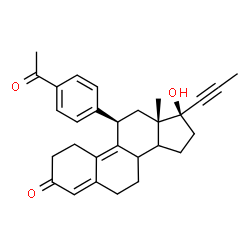 ChemSpider 2D Image | (11R,13S,17S)-11-(4-Acetylphenyl)-17-hydroxy-13-methyl-17-(1-propyn-1-yl)-1,2,6,7,8,11,12,13,14,15,16,17-dodecahydro-3H-cyclopenta[a]phenanthren-3-one | C29H32O3