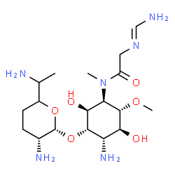 ChemSpider 2D Image | (E)-N-[(1R,2S,3S,4S,5S,6S)-4-Amino-3-{[(2R,3R)-3-amino-6-(1-aminoethyl)tetrahydro-2H-pyran-2-yl]oxy}-2,5-dihydroxy-6-methoxycyclohexyl]-N~2~-(aminomethylene)-N-methylglycinamide | C18H36N6O6