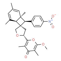 ChemSpider 2D Image | 2-Methoxy-3,5-dimethyl-6-[(1R,5'R,6S,7S,8R)-1,3,5-trimethyl-8-(4-nitrophenyl)-4',5'-dihydrospiro[bicyclo[4.2.0]octa-2,4-diene-7,3'-furan]-5'-yl]-4H-pyran-4-one | C28H31NO6