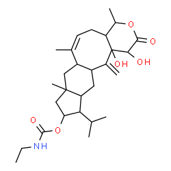 ChemSpider 2D Image | (6Z)-1,13a-Dihydroxy-11-isopropyl-4,7,8a-trimethyl-13-methylene-2-oxo-1,2,4,4a,5,7a,8,8a,9,10,11,11a,12,12a,13,13a-hexadecahydroindeno[5',6':4,5]cycloocta[1,2-c]pyran-10-yl ethylcarbamate | C28H43NO6