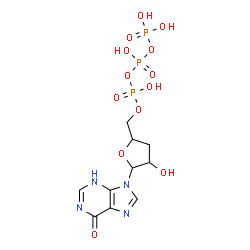 ChemSpider 2D Image | 9-[3-Deoxy-5-O-(hydroxy{[hydroxy(phosphonooxy)phosphoryl]oxy}phosphoryl)pentofuranosyl]-3,9-dihydro-6H-purin-6-one | C10H15N4O13P3