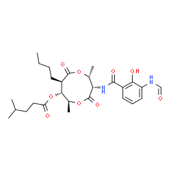 ChemSpider 2D Image | (2R,3S,6S,7R,8R)-8-Butyl-3-[(3-formamido-2-hydroxybenzoyl)amino]-2,6-dimethyl-4,9-dioxo-1,5-dioxonan-7-yl 4-methylpentanoate | C27H38N2O9