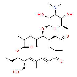 ChemSpider 2D Image | (5S,6R,7R,9R,11E,13E,15R,16R)-16-Ethyl-15-(hydroxymethyl)-3,5,9,13-tetramethyl-2,10-dioxo-7-(2-oxoethyl)oxacyclohexadeca-11,13-dien-6-yl 3,6-dideoxy-3-(dimethylamino)-beta-D-glucopyranoside | C32H53NO9