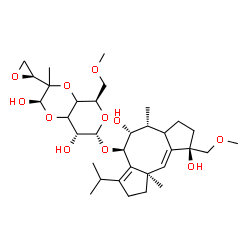 ChemSpider 2D Image | (2R,5R,7S,8R)-7-{[(4R,5R,6R,9R,9aE,10aR)-5,9-Dihydroxy-3-isopropyl-9-(methoxymethyl)-6,10a-dimethyl-1,2,4,5,6,6a,7,8,9,10a-decahydrodicyclopenta[a,d][8]annulen-4-yl]oxy}-5-(methoxymethyl)-3-methyl-3-[
(2S)-2-oxiranyl]hexahydro-5H-pyrano[3,4-b][1,4]dioxine-2,8-diol | C33H52O11