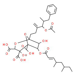 ChemSpider 2D Image | 1-(4-Acetoxy-5-methyl-3-methylene-6-phenylhexyl)-6-{[(2E)-4,6-dimethyl-2-octenoyl]oxy}-4,7-dihydroxy-2,8-dioxabicyclo[3.2.1]octane-3,4,5-tricarboxylic acid | C35H46O14