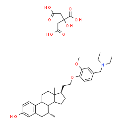 ChemSpider 2D Image | (7alpha,8xi,9xi,13xi,14xi)-21-{4-[(Diethylamino)methyl]-2-methoxyphenoxy}-7-methyl-19-norpregna-1,3,5(10)-trien-3-ol 2-hydroxy-1,2,3-propanetricarboxylate (1:1) | C39H55NO10