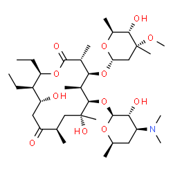 ChemSpider 2D Image | (3R,4S,5S,6R,7R,9R,12R,13R,14R)-6-{[(2S,3R,4S,6R)-4-(Dimethylamino)-3-hydroxy-6-methyltetrahydro-2H-pyran-2-yl]oxy}-13,14-diethyl-7,12-dihydroxy-4-{[(2R,4R,5S,6S)-5-hydroxy-4-methoxy-4,6-dimethyltetra
hydro-2H-pyran-2-yl]oxy}-3,5,7,9-tetramethyloxacyclotetradecane-2,10-dione | C37H67NO12