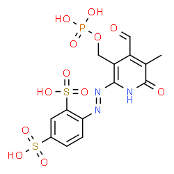 ChemSpider 2D Image | 4-[(E)-{4-Formyl-5-methyl-6-oxo-3-[(phosphonooxy)methyl]-1,6-dihydro-2-pyridinyl}diazenyl]-1,3-benzenedisulfonic acid | C14H14N3O12PS2