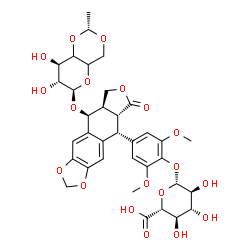 ChemSpider 2D Image | 4-[(5R,5aR,8aR,9S)-9-({4,6-O-[(1R)-Ethylidene]-alpha-L-threo-hexopyranosyl}oxy)-6-oxo-5,5a,6,8,8a,9-hexahydrofuro[3',4':6,7]naphtho[2,3-d][1,3]dioxol-5-yl]-2,6-dimethoxyphenyl beta-L-glucopyranosiduro
nic acid | C35H40O19