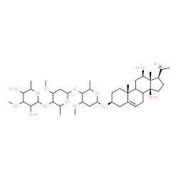 ChemSpider 2D Image | (3beta,8xi,9xi,12beta,14beta)-12,14-Dihydroxy-20-oxopregn-5-en-3-yl 6-deoxy-3-O-methylhexopyranosyl-(1->4)-2,6-dideoxy-3-O-methylhexopyranosyl-(1->4)-2,6-dideoxy-3-O-methylhexopyranoside | C42H68O14