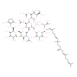 ChemSpider 2D Image | (2R)-3-[[(3R,4R,5S,6S)-3-[(2S,3R,4R,5S,6R)-3-acetamido-5-[(2S,3R,4R,5S,6R)-3-acetamido-4-hydroxy-6-methyl-5-[(2R,3R,4S,5R,6S)-3,4,5-trihydroxy-6-[(2-hydroxy-5-oxo-1-cyclopentenyl)carbamoyl]tetrahydropyran-2-yl]oxy-tetrahydropyran-2-yl]oxy-4-hydroxy-6-[[(2R,3R,4S,5S,6R)-3,4,5-trihydroxy-6-(hydroxymethyl)tetrahydropyran-2-yl]oxymethyl]tetrahydropyran-2-yl]oxy-6-carbamoyl-4-carbamoyloxy-5-hydroxy-5-methyl-tetrahydropyran-2-yl]oxy-hydroxy-phosphoryl]oxy-2-[(2Z,6E,13E)-3,8,8,14,18-pentamethyl-11-methylene-nonadeca-2,6,13,17-tetraenoxy]propanoic acid | C69H108N5O34P