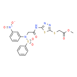ChemSpider 2D Image | Methyl [(5-{[N-(3-nitrophenyl)-N-(phenylsulfonyl)glycyl]amino}-1,3,4-thiadiazol-2-yl)sulfanyl]acetate | C19H17N5O7S3