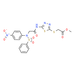 ChemSpider 2D Image | Methyl [(5-{[N-(4-nitrophenyl)-N-(phenylsulfonyl)glycyl]amino}-1,3,4-thiadiazol-2-yl)sulfanyl]acetate | C19H17N5O7S3