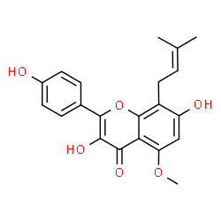 ChemSpider 2D Image | 3,7-Dihydroxy-2-(4-hydroxyphenyl)-5-methoxy-8-(3-methyl-2-buten-1-yl)-4H-chromen-4-one | C21H20O6