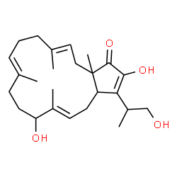 ChemSpider 2D Image | (5E,10E,14E)-2,7-Dihydroxy-3-(1-hydroxy-2-propanyl)-6,10,14,16a-tetramethyl-4,7,8,9,12,13,16,16a-octahydrocyclopenta[15]annulen-1(3aH)-one | C25H38O4