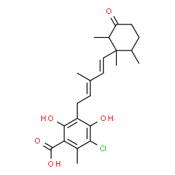 ChemSpider 2D Image | 3-Chloro-4,6-dihydroxy-2-methyl-5-[(2E,4E)-3-methyl-5-(1,2,6-trimethyl-3-oxocyclohexyl)-2,4-pentadien-1-yl]benzoic acid | C23H29ClO5