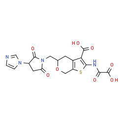 ChemSpider 2D Image | 2-[(Carboxycarbonyl)amino]-5-{[3-(1H-imidazol-1-yl)-2,5-dioxo-1-pyrrolidinyl]methyl}-4,7-dihydro-5H-thieno[2,3-c]pyran-3-carboxylic acid | C18H16N4O8S