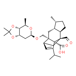 ChemSpider 2D Image | (1R,2S,4R,5R,8R,9R,11S)-2-{[(2,6-Dideoxy-3,4-O-isopropylidene-beta-D-ribo-hexopyranosyl)oxy]methyl}-9-formyl-13-isopropyl-5-methyltetracyclo[7.4.0.0~2,11~.0~4,8~]tridec-12-ene-1-carboxylic acid | C29H42O7