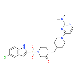ChemSpider 2D Image | 4-[(5-Chloro-1H-indol-2-yl)sulfonyl]-1-({1-[2-(dimethylamino)-4-pyrimidinyl]-4-piperidinyl}methyl)-2-piperazinone | C24H30ClN7O3S