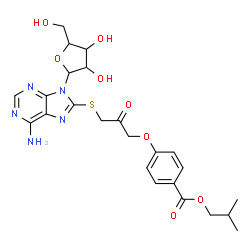 ChemSpider 2D Image | 8-({3-[4-(Isobutoxycarbonyl)phenoxy]-2-oxopropyl}sulfanyl)-9-pentofuranosyl-9H-purin-6-amine | C24H29N5O8S
